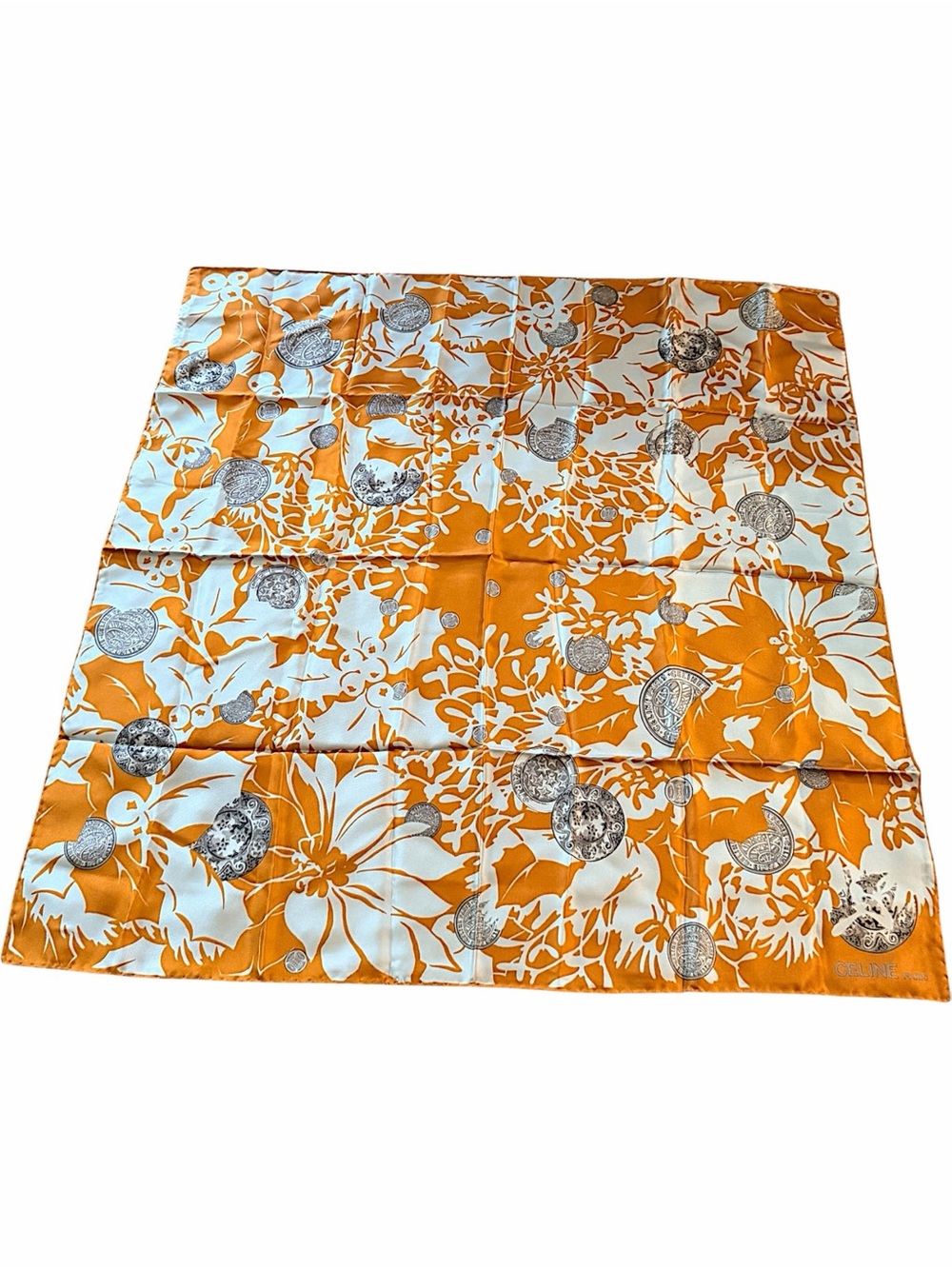 Celine Silk Scarf Orange & White Print with COA